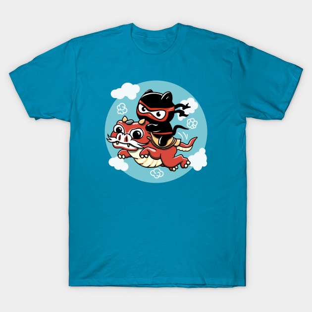 Kawaii Ninja Cat Riding a Red Dragon T-Shirt by TMBTM